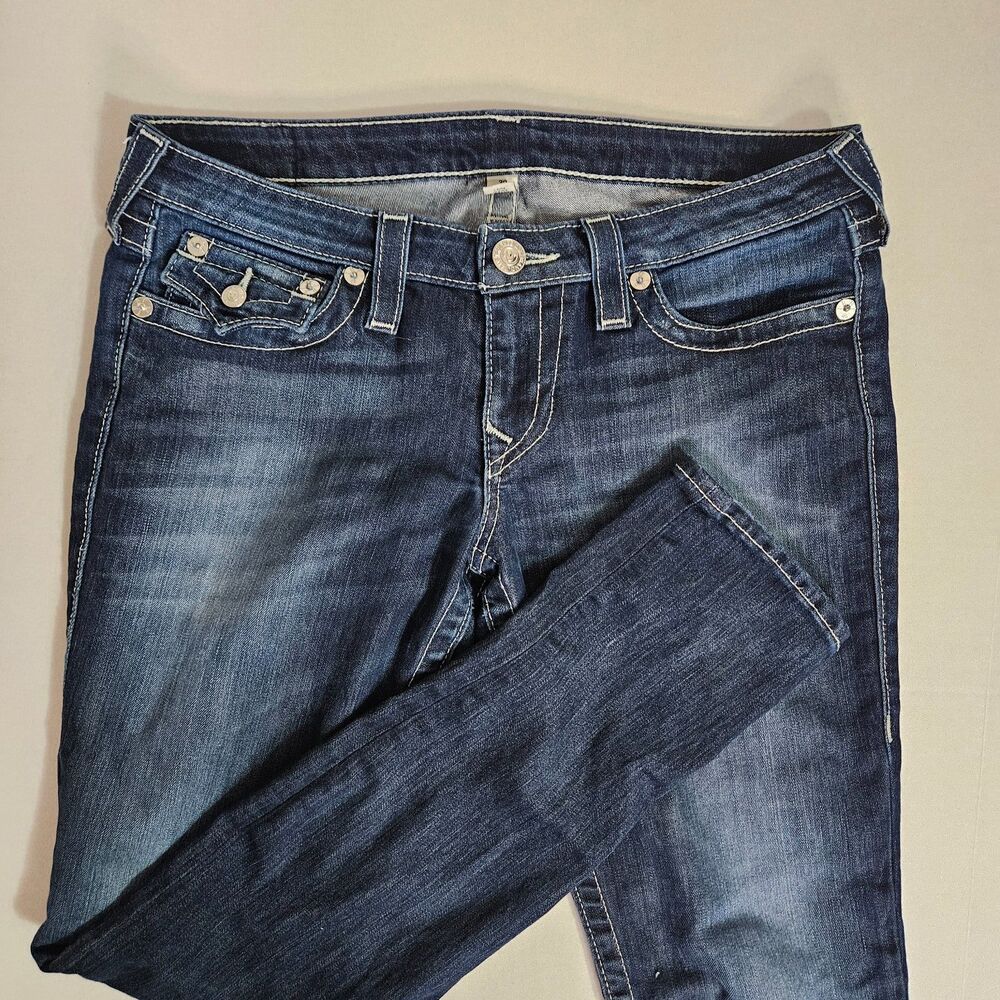 True Religion Women's Low Rise Skinny Jeans 30 EUC Contrast Silver Button Detail